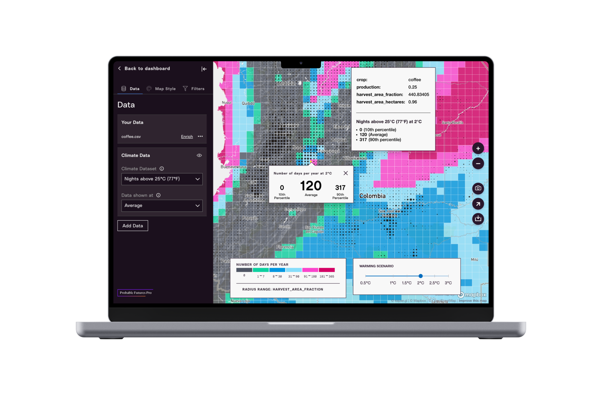 Probable Futures Pro displayed on a computer showing a map of coffee farms in South America.