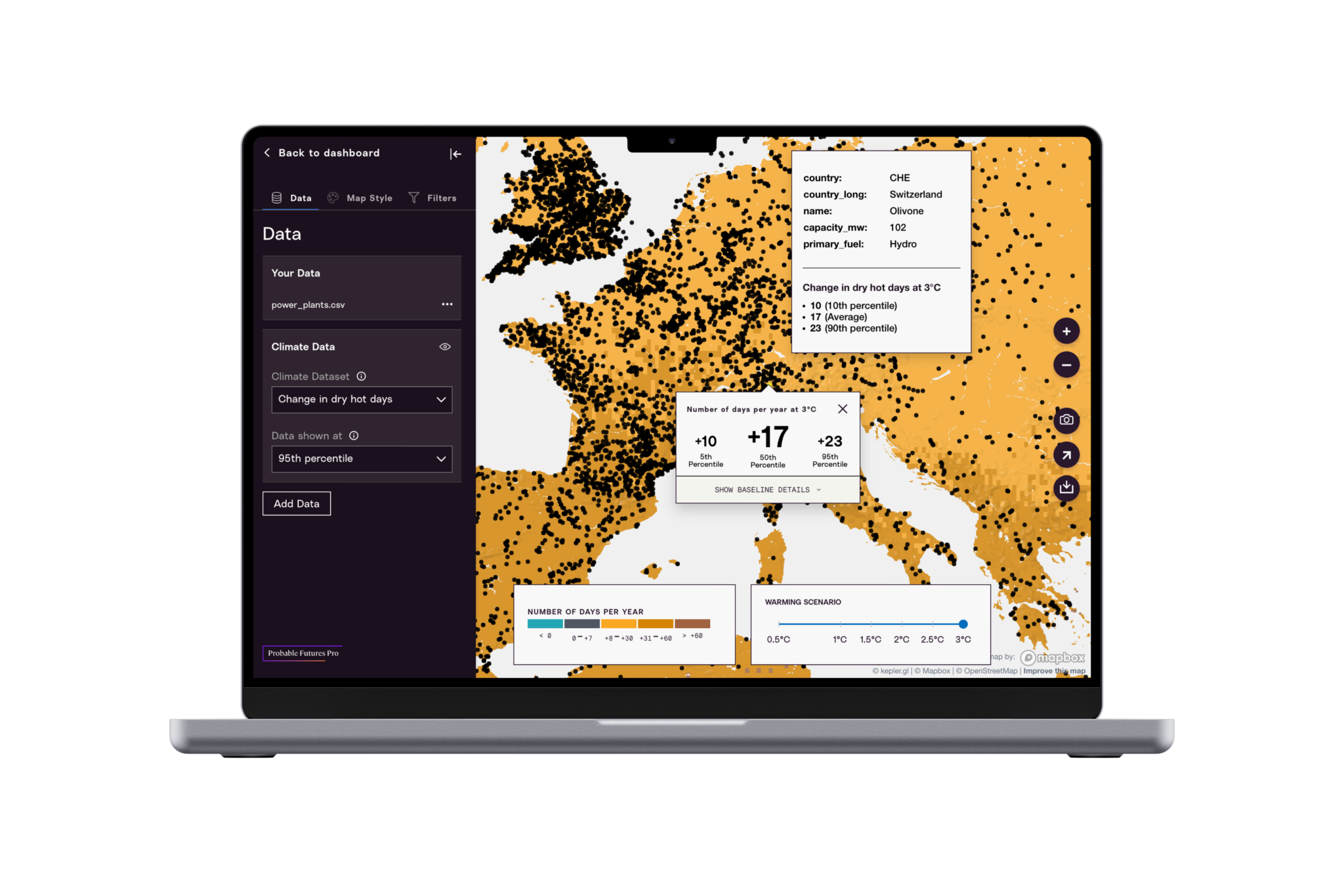 Probable Futures Pro en un ordenador que muestra un mapa de centrales eléctricas en Europa.