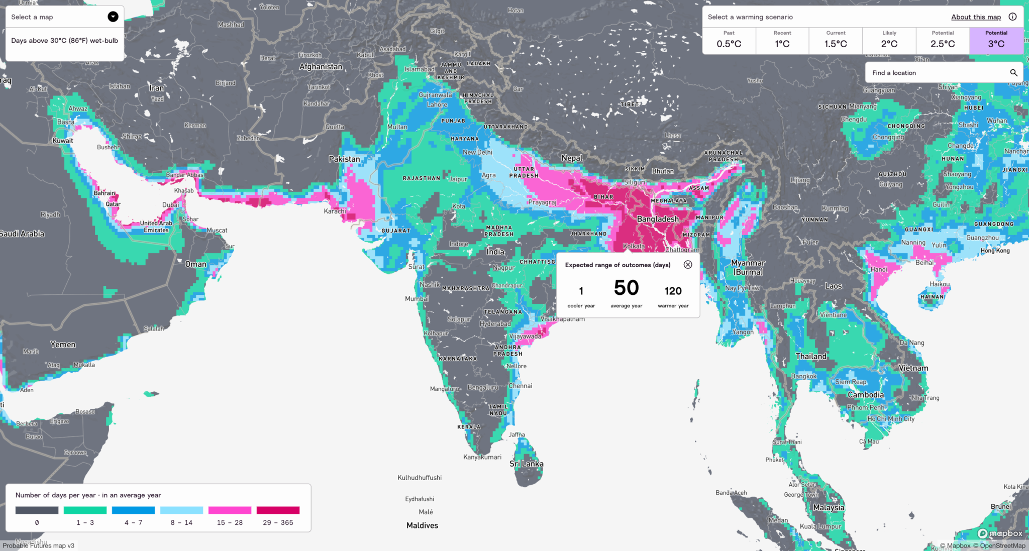 An interactive climate risk map from Probable Futures centered on South and Southeast Asia, showing the projected “Days above 30°C (86°F) wet-bulb” under a potential 3°C global warming scenario. The map uses color-coded zones ranging from teal (1-3 days) to deep pink (29-366 days). The highest risk areas—highlighted in vivid magenta and pink—are heavily concentrated across Bangladesh and portions of the Middle East coast. A pop-up box highlights an expected average of 50 extreme wet-bulb days per year for a selected region.