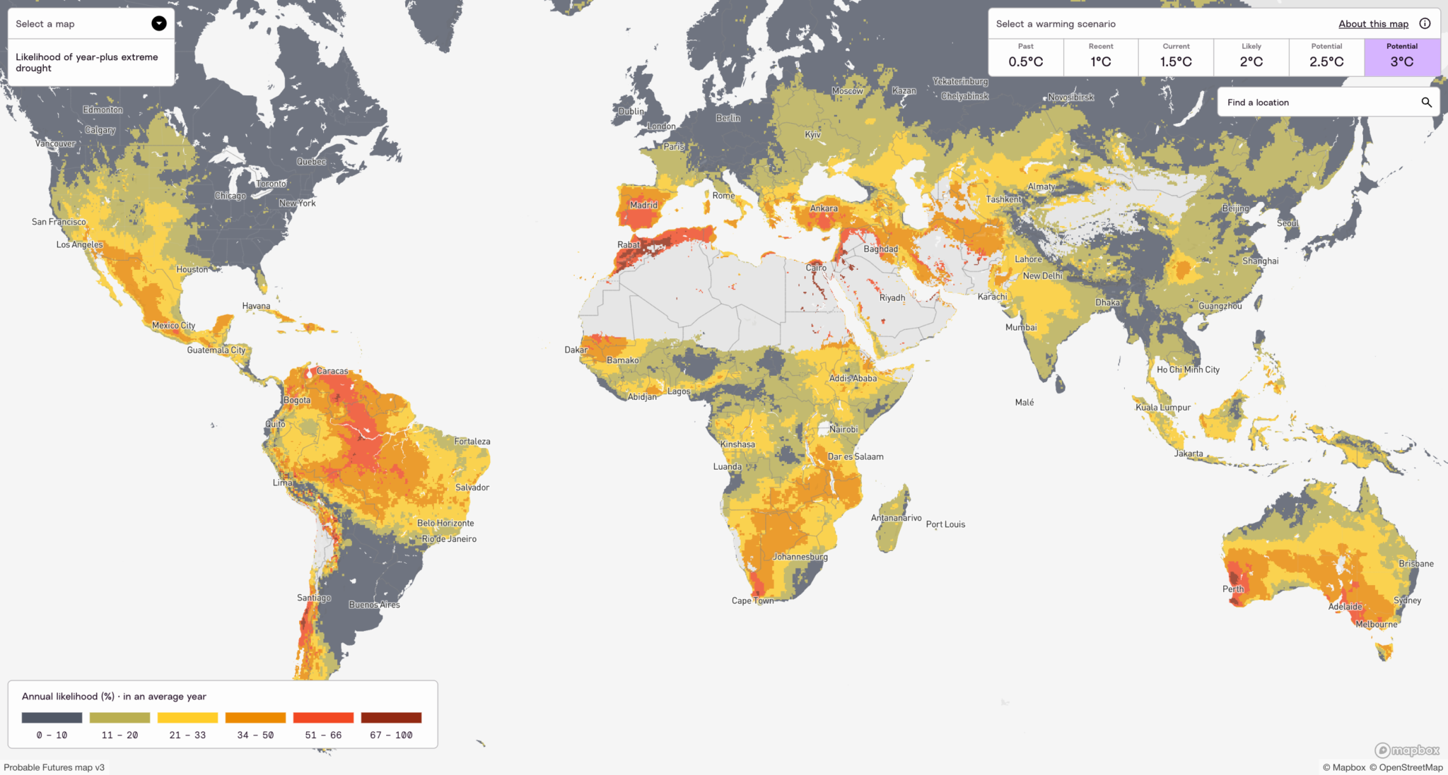 An interactive climate risk map from Probable Futures showing the global “Likelihood of year-plus extreme drought” under a potential 3°C global warming scenario. The map uses a color scale from grey (low risk, 0-10% likelihood) through yellow and orange to deep red (high risk, 67-100% likelihood). Severe risk zones are highly concentrated across South America, the Mediterranean, Southern Africa, and parts of Australia, while northern latitudes mostly appear in grey.