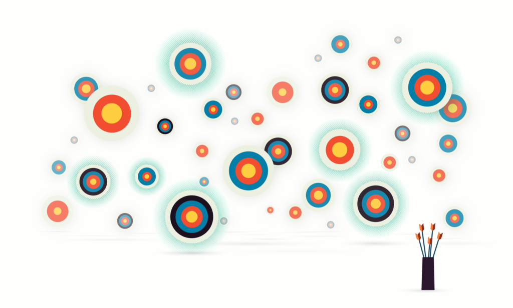 Illustration of a quiver of arrows at the lower right and many bullseye targets scattered across a white background. The targets vary in size, color, and appearance.