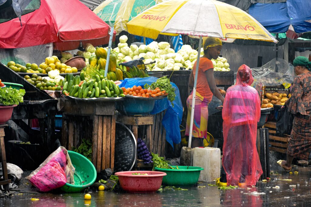 A busy outdoor market in heavy rain, with vendors selling fresh vegetables and fruit beneath colorful umbrellas. A customer in a transparent pink rain poncho stands at a produce stall while vendors work among baskets of cabbage, cucumbers, tomatoes, potatoes, and other produce on the wet, puddled ground.