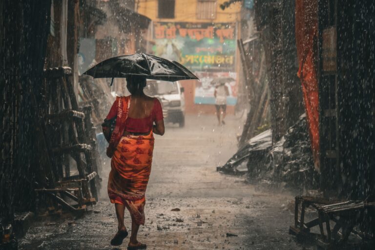 A woman in a red and orange patterned sari walks away under a black umbrella along a narrow market street in heavy rain, with puddles, wooden stalls, and blurred signs and pedestrians in the background.